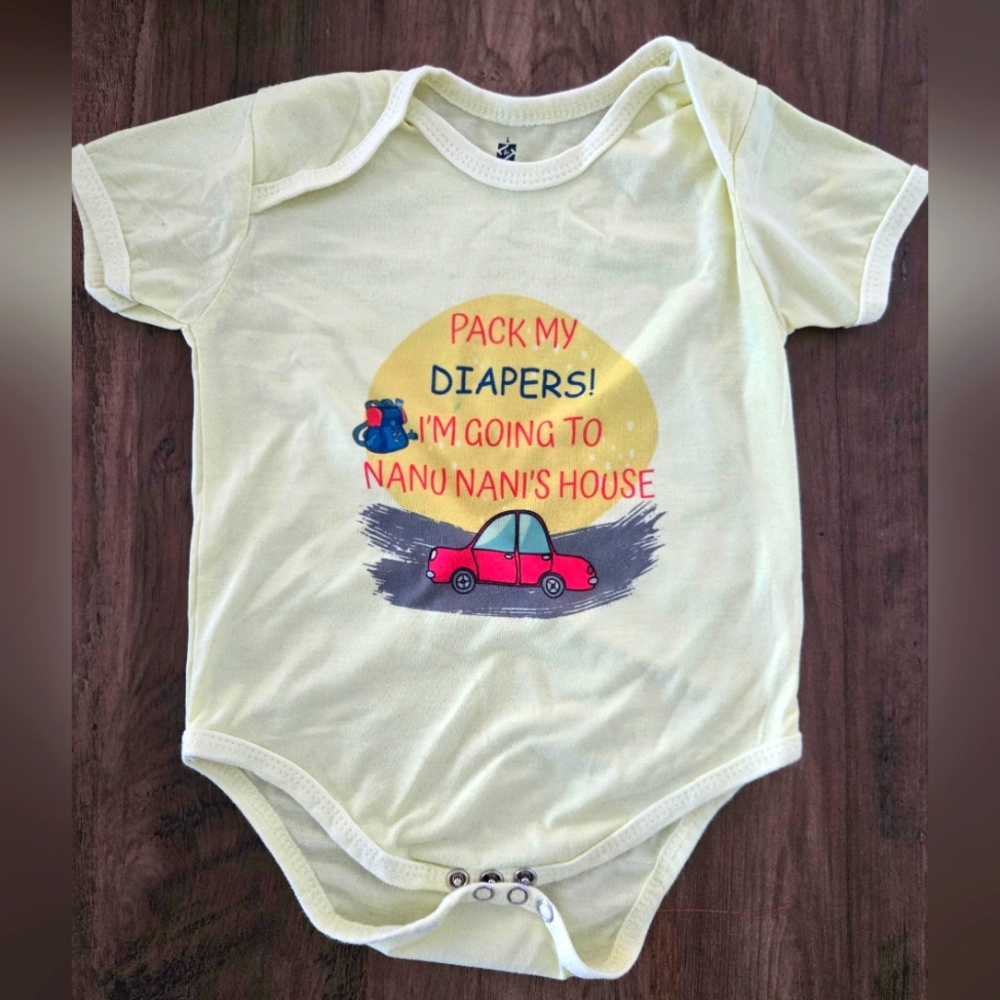 3/20$ - Yellow Baby Onesie with Car Print And Slogan